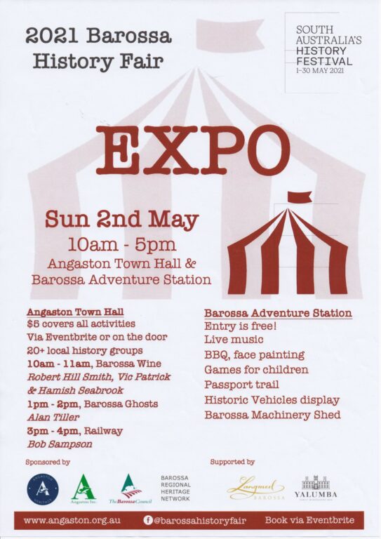 We have a Stand at the 2021 Barossa History Fair – This Sunday 2nd May
