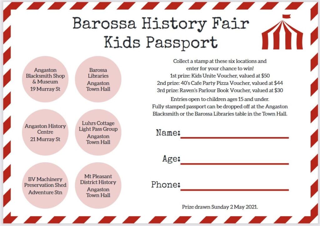 Barossa History Fair, May 2nd 2021 Kids Passport